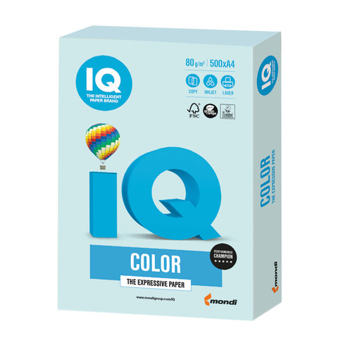 Бумага цветная IQ color, А4, 80 г/м2, 500 л., пастель, светло-голубая, BL29