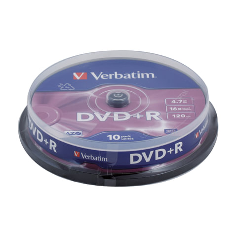 Диски DVD+R (плюс) VERBATIM 4,7 Gb 16x, КОМПЛЕКТ 10 шт., Cake Box, 43498