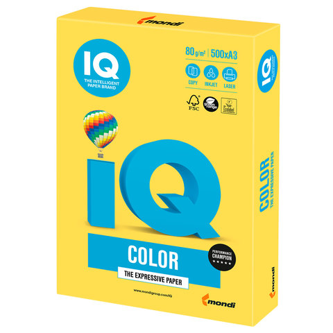 Бумага цветная IQ color БОЛЬШОЙ ФОРМАТ (297х420 мм), А3, 80 г/м2, 500 л., интенсив канареечно-желтая, CY39