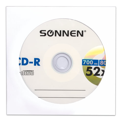 Диск CD-R SONNEN, 700 Mb, 52x, бумажный конверт (1 штука), 512573