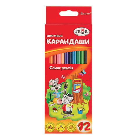 Карандаши цветные ГАММА "Мультики", 12 цветов, заточенные, трехгранные, картонная упаковка, 05091807, 050918_07