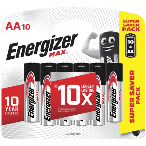 Батарейки КОМПЛЕКТ 10 шт., ENERGIZER Max, AA (LR06, 15А), алкалиновые, пальчиковые, блистер, E301534601