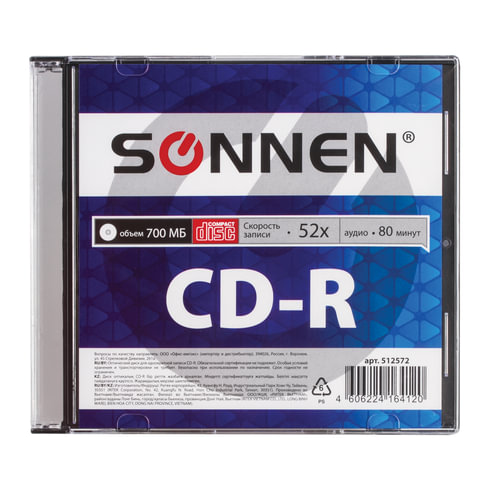 Диск CD-R SONNEN, 700 Mb, 52x, Slim Case (1 штука), 512572