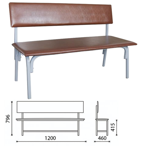 Банкетка со спинкой "Астрид", 1200х470х796 мм, серый каркас, кожзам коричневый